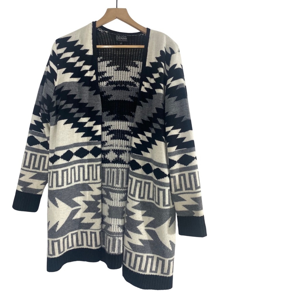 Major Major Major Cardigan Women L Black White Excellent Southwestern Geometric